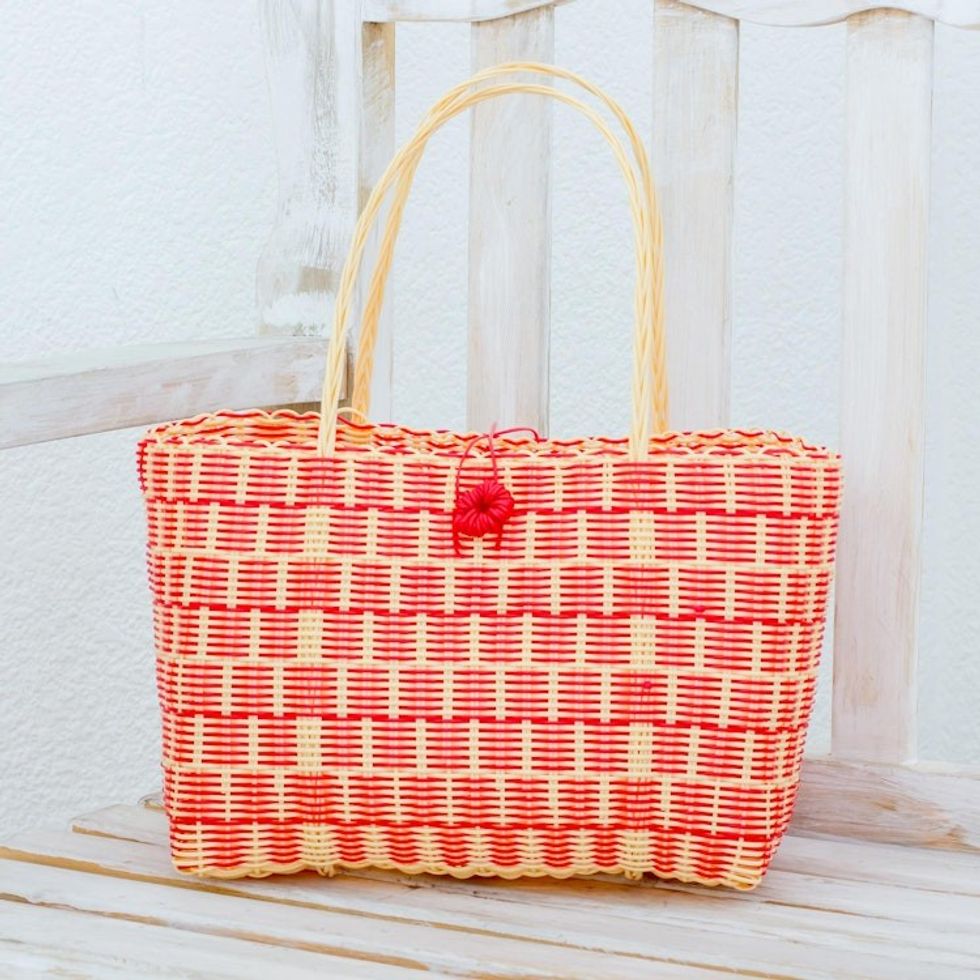 Handwoven Tote in Strawberry Red and Cornsilk 'Delightful Day in Strawberry'