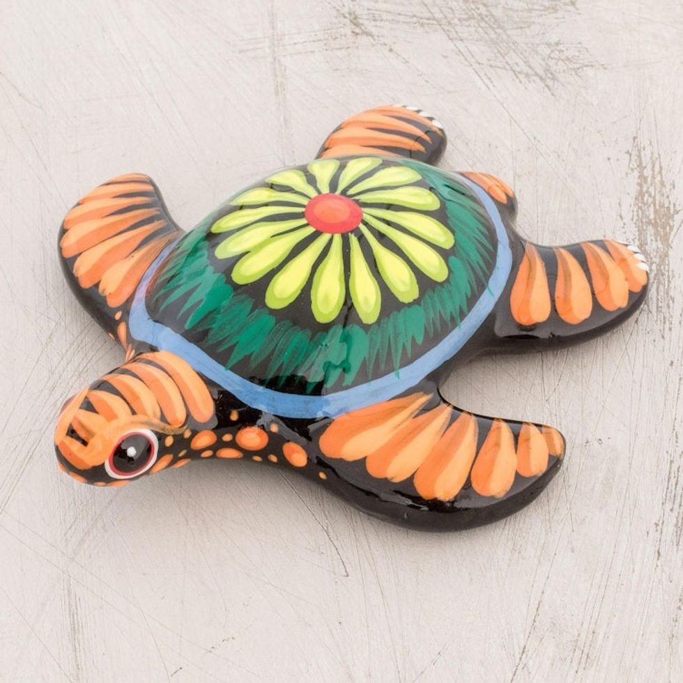 Floral Ceramic and Resin Sea Turtle Figurine in Black 'Life of the Ocean in Black'
