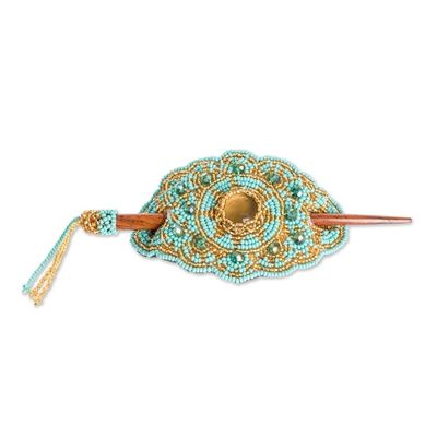 Alternate image for Handcrafted Floral Turquoise and Golden Glass Beaded Hairpin Paradise Lady in Turquoise