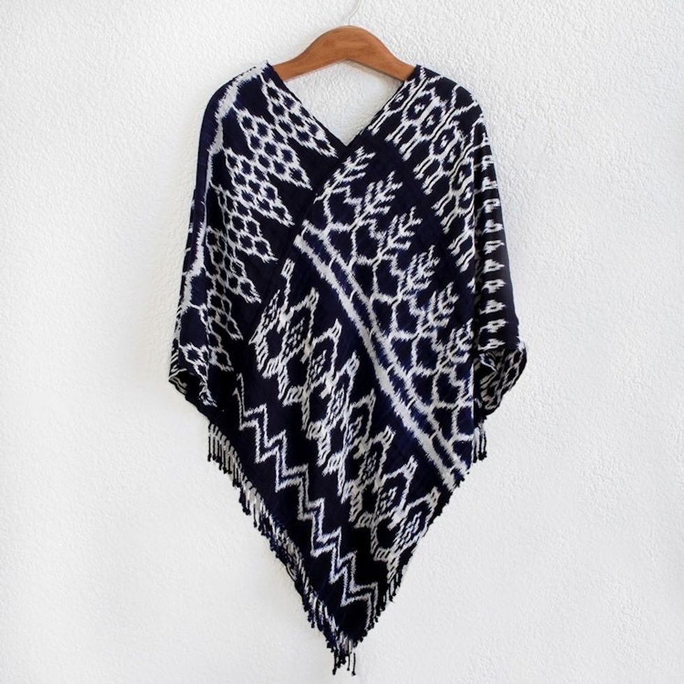 Dark Blue and White Ikat Poncho 'Navy Blue Silhouettes'