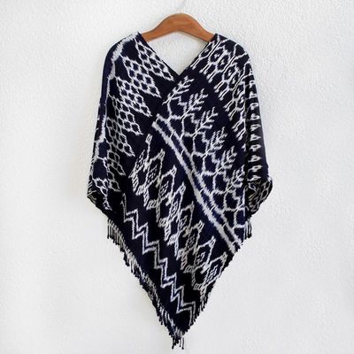 Alternate image for Dark Blue and White Ikat Poncho Navy Blue Silhouettes