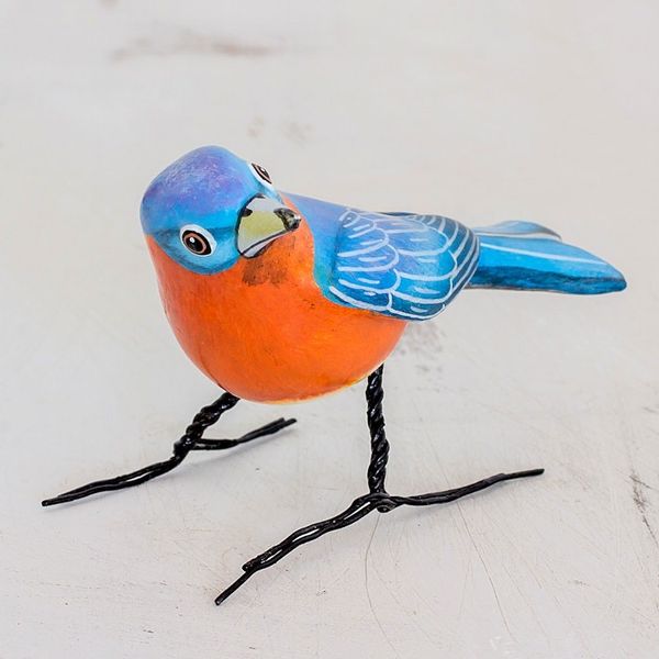 Alternate image for Guatemalan Handmade Eastern Bluebird Ceramic Bird Figurine Eastern Bluebird