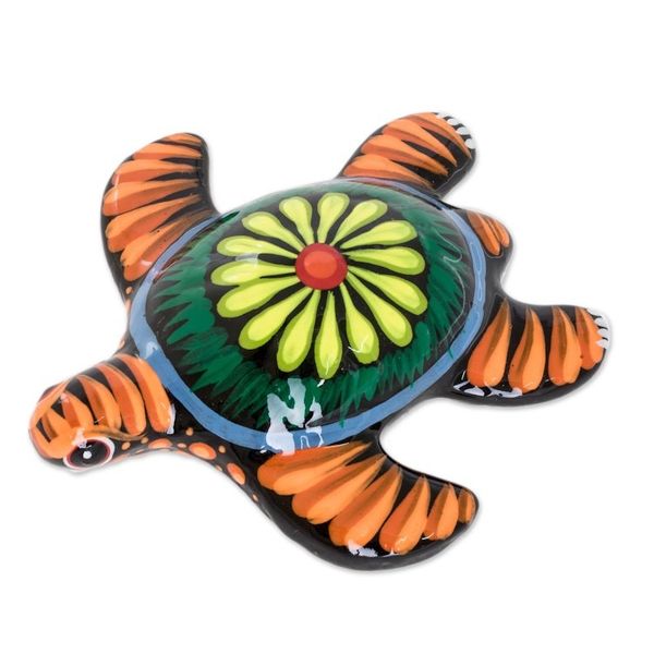 Alternate image for Floral Ceramic and Resin Sea Turtle Figurine in Black Life of the Ocean in Black