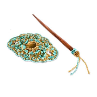 Alternate image for Handcrafted Floral Turquoise and Golden Glass Beaded Hairpin Paradise Lady in Turquoise