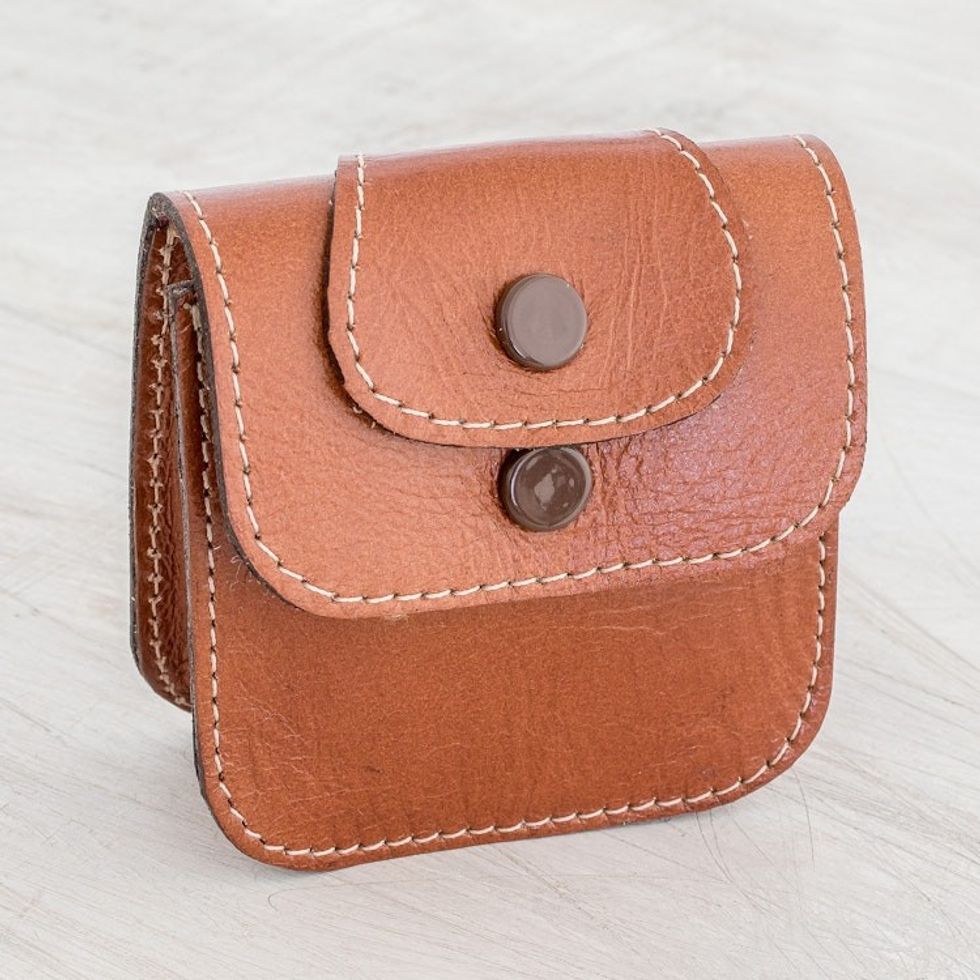 Leather Coin Purse in Saddle Brown from Costa Rica 'Walk Through the City'