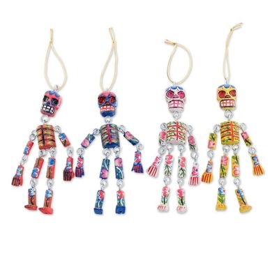 Alternate image for Wood Floral Skeleton Ornaments from Guatemala Set of 4 Colorful Tradition