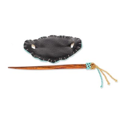 Alternate image for Handcrafted Floral Turquoise and Golden Glass Beaded Hairpin Paradise Lady in Turquoise