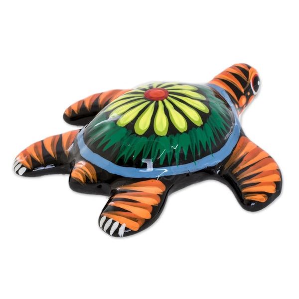 Alternate image for Floral Ceramic and Resin Sea Turtle Figurine in Black Life of the Ocean in Black