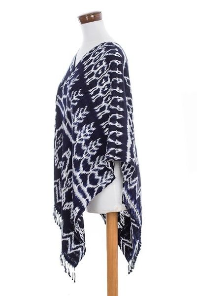 Alternate image for Dark Blue and White Ikat Poncho Navy Blue Silhouettes