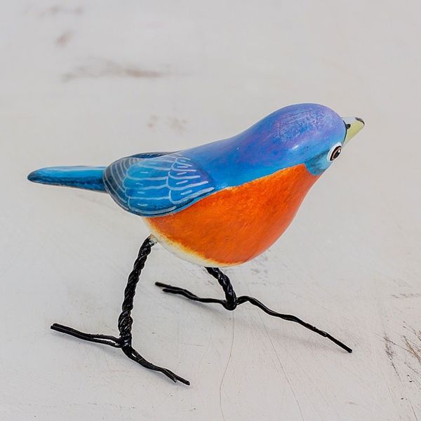 Alternate image for Guatemalan Handmade Eastern Bluebird Ceramic Bird Figurine Eastern Bluebird