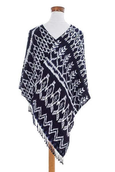 Alternate image for Dark Blue and White Ikat Poncho Navy Blue Silhouettes