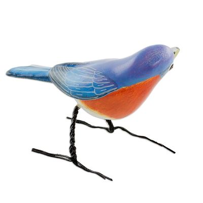 Alternate image for Guatemalan Handmade Eastern Bluebird Ceramic Bird Figurine Eastern Bluebird