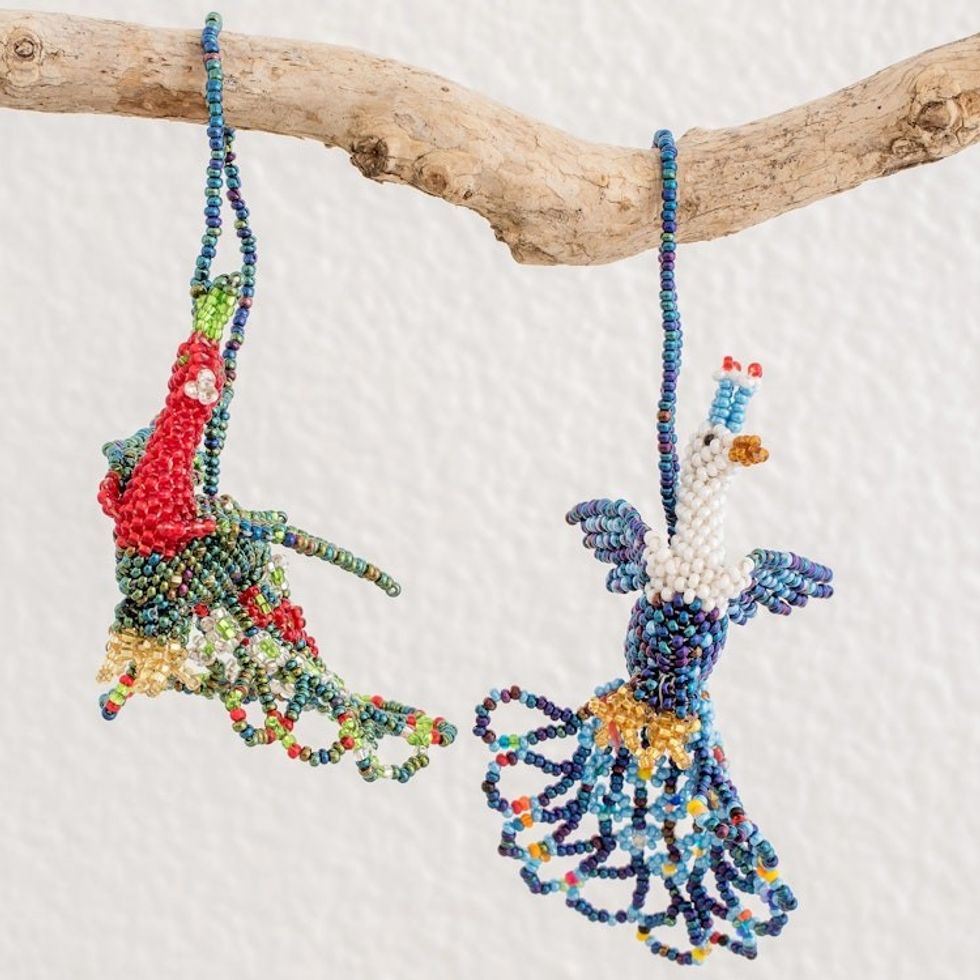 Glass Beaded Peacock Ornaments from Guatemala Pair 'True Beauty'