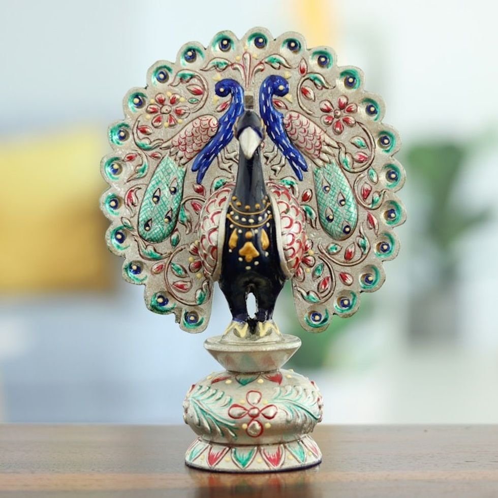 Handcrafted Silver Kadam Wood Peacock Sculpture from India 'Celestial Peacock'