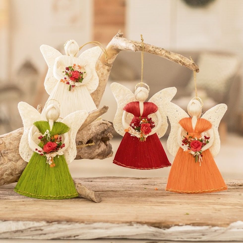 Handcrafted Natural Fiber Angel Holiday Ornaments Set of 4 'Angels with Bouquets'