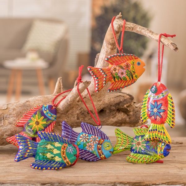 Alternate image for Set of 6 Fish-Themed Hand-Painted Colorful Ceramic Ornaments Marine Celebration