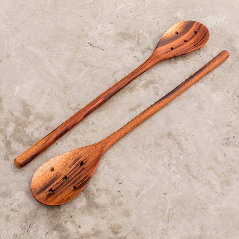 Handcarved Wood Slotted Spoons Pair 'Peten Delight'
