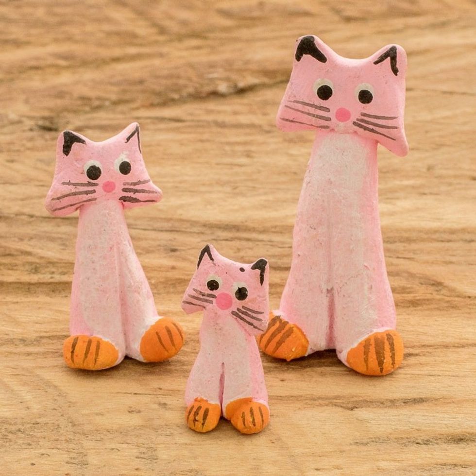 3 Handcrafted Pink Ceramic Kitty Cat Figurines 'Perky Pink Pussycats'