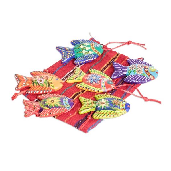 Alternate image for Set of 6 Fish-Themed Hand-Painted Colorful Ceramic Ornaments Marine Celebration