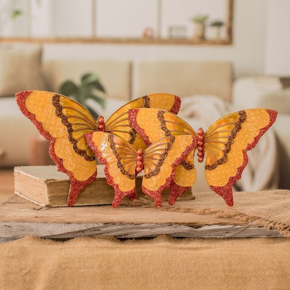 Set of 3 Handcrafted Golden Beaded Butterfly Wall Accents 'Abundance Butterflies'