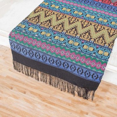 Alternate image for Handwoven Cotton Table Runner with Zigzag Patterns Bright Night