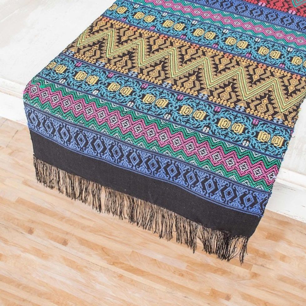 Handwoven Cotton Table Runner with Zigzag Patterns 'Bright Night'