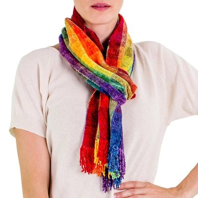 Alternate image for Guatemalan Rainbow Colored Rayon Chenille Scarf Gift of the Rainbow