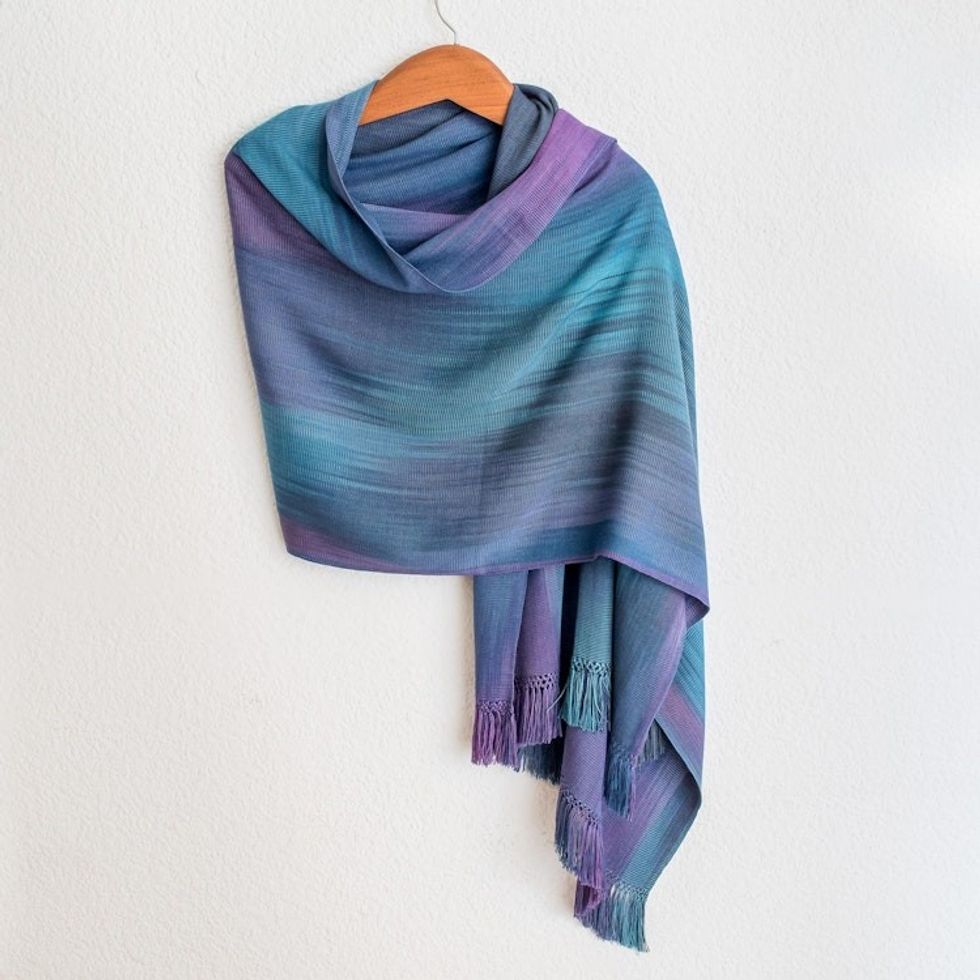 Guatemalan Hand Woven Shawl in Blues and Orchids 'Blue Orchids'