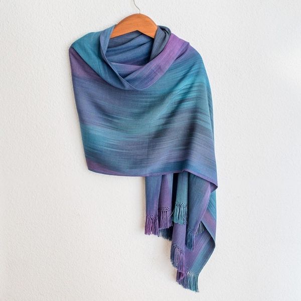 Alternate image for Guatemalan Hand Woven Shawl in Blues and Orchids Blue Orchids