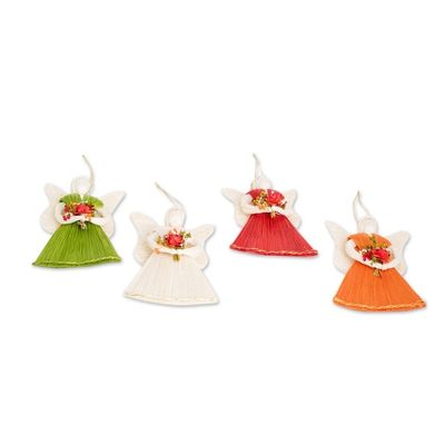 Alternate image for Handcrafted Natural Fiber Angel Holiday Ornaments Set of 4 Angels with Bouquets