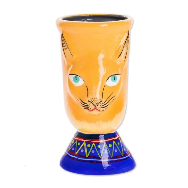 Alternate image for Handcrafted Yellow Ceramic Flower Pot Top Cat in Yellow