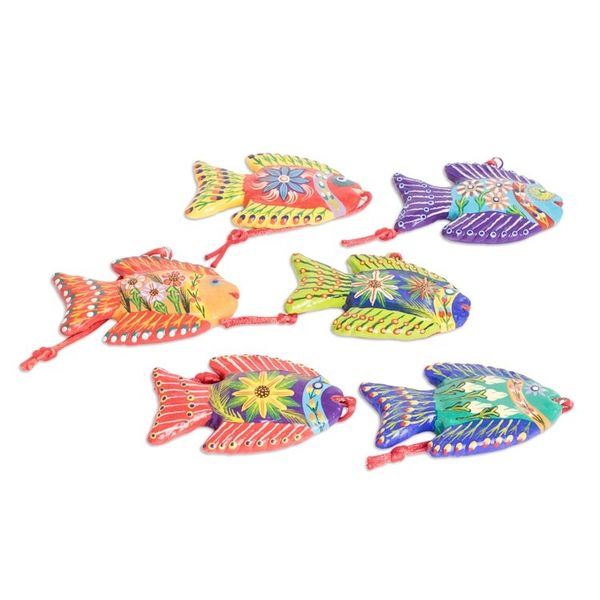 Alternate image for Set of 6 Fish-Themed Hand-Painted Colorful Ceramic Ornaments Marine Celebration