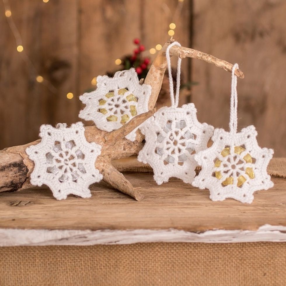 Hand-Crocheted Snowflake Ornaments from Guatemala Set of 4 'Glittering Snow'