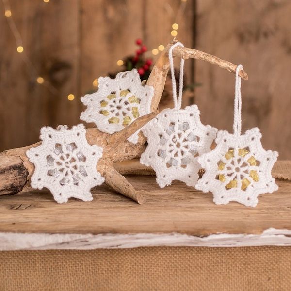 Alternate image for Hand-Crocheted Snowflake Ornaments from Guatemala Set of 4 Glittering Snow