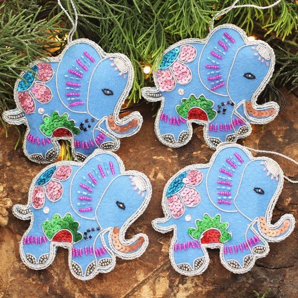 Alternate image for Set of Four Wool Beaded Elephant Ornaments from India Cerulean Elephants