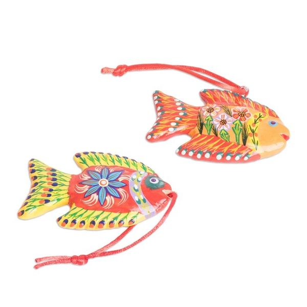 Alternate image for Set of 6 Fish-Themed Hand-Painted Colorful Ceramic Ornaments Marine Celebration