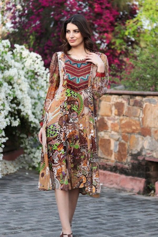 Alternate image for Embroidered Viscose Chiffon A-Line Dress Royal Waves