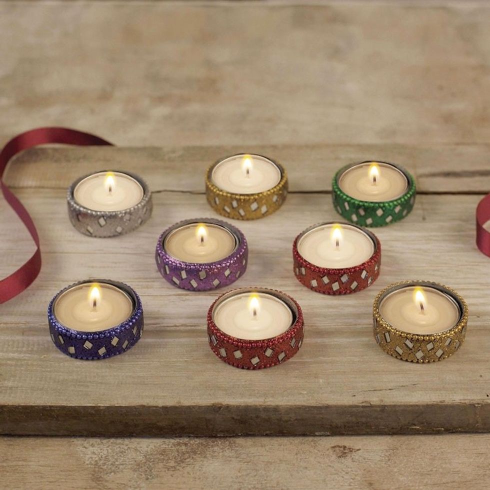 Sparkling Assorted Colors Resin-Coated Tea Lights Set of 8 'Festive Colors'