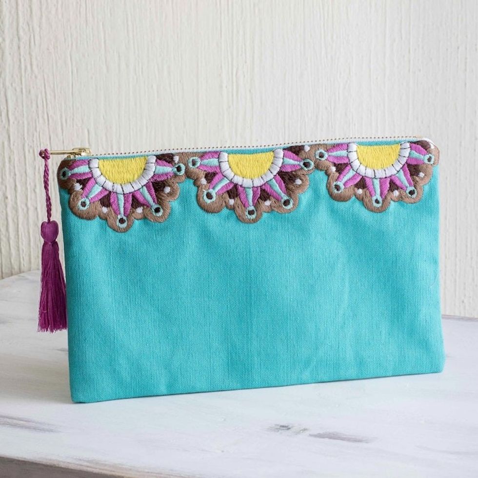 Sun Motif Embroidered Turquoise Cotton Cosmetic Bag 'Turquoise Sunbeams'
