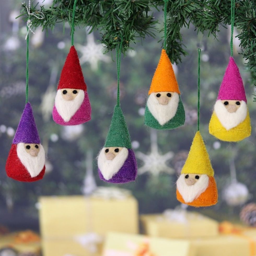Set of 6 Wool Felt Gnome Ornaments in Colorful Tones 'Lucky Gnomes'