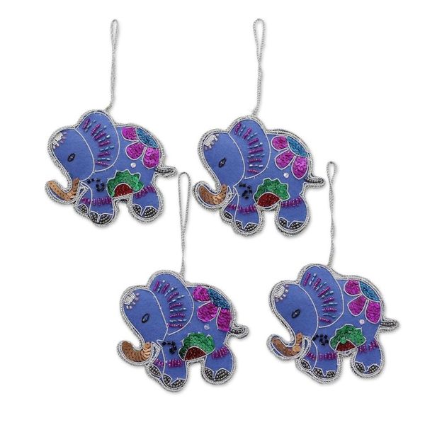 Alternate image for Set of Four Wool Beaded Elephant Ornaments from India Cerulean Elephants