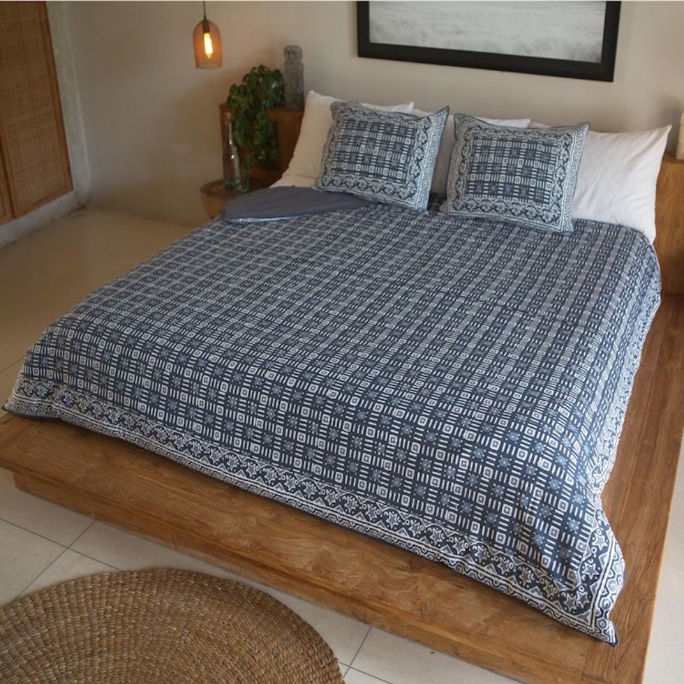 Block-Printed Duvet Cover and Sham Set 3 Pieces 'Rajasthani Grey'