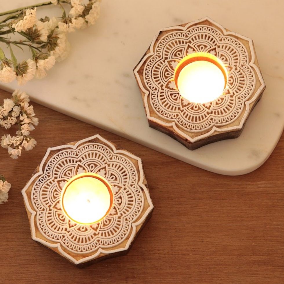 Wood Tealight Candle Holders with Floral Motif Pair 'Lotus Mandala'