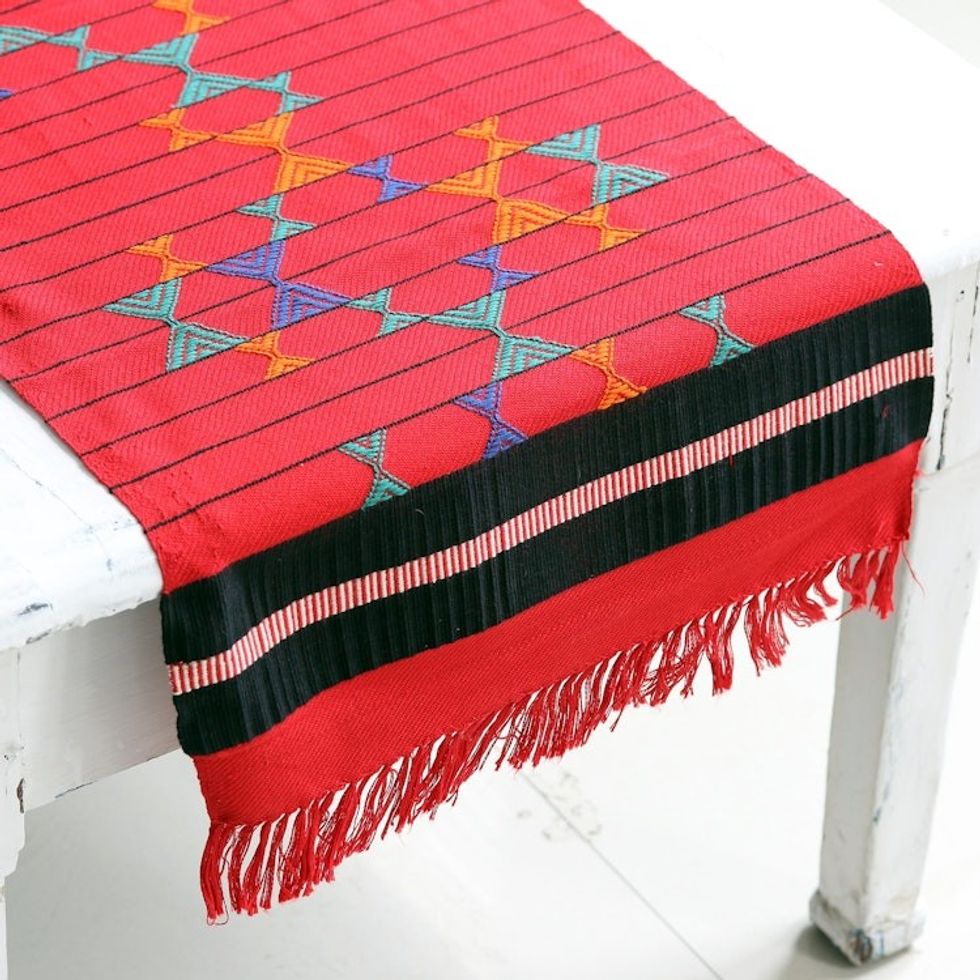 Cotton Table Runner Red Handmade India 'Festive Constellations'