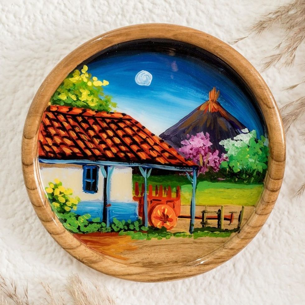 Cedar Wood Hand-Painted Decorative Plate from Costa Rica 'Volcano View'