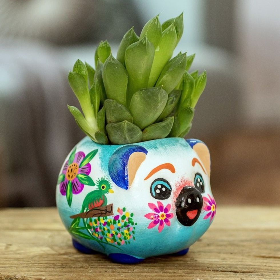 Handpainted Mini Ceramic Pig Flower Pot from Guatemala 'Herbaceous Piglet'