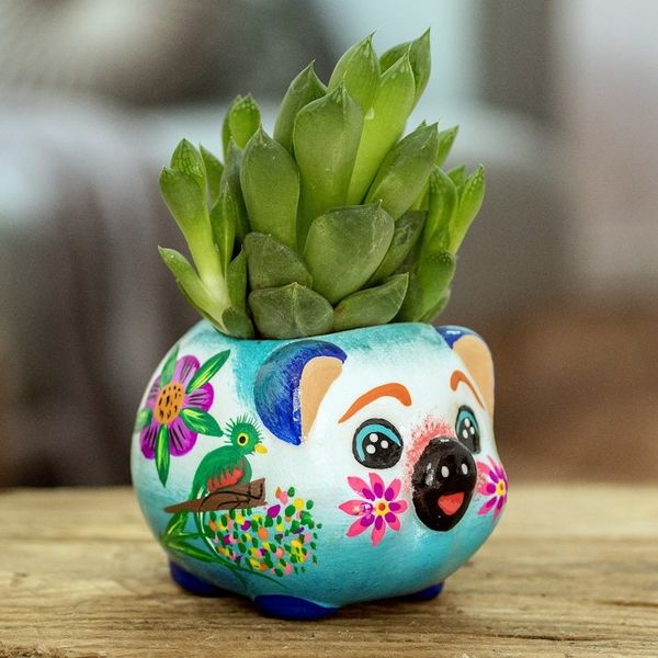 Alternate image for Handpainted Mini Ceramic Pig Flower Pot from Guatemala Herbaceous Piglet