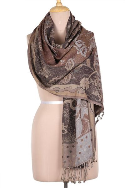 Alternate image for Cotton  Wool Shawl with Floral Pattern Woven in India Pattern Charm