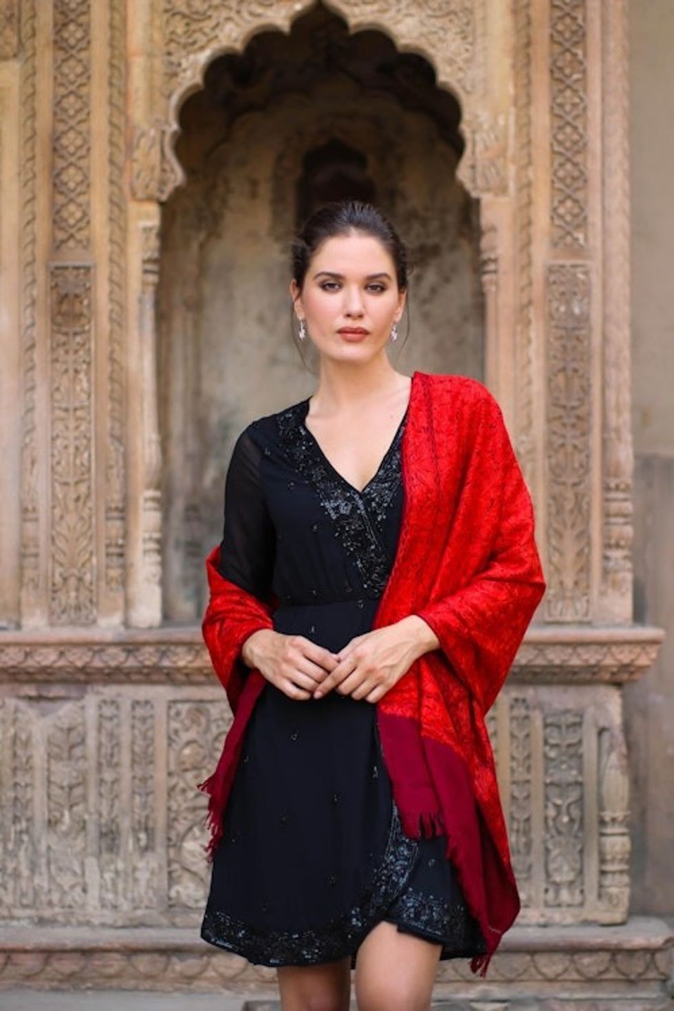 Red Embroidered 100 Wool Shawl from India 'Ruby Romance'