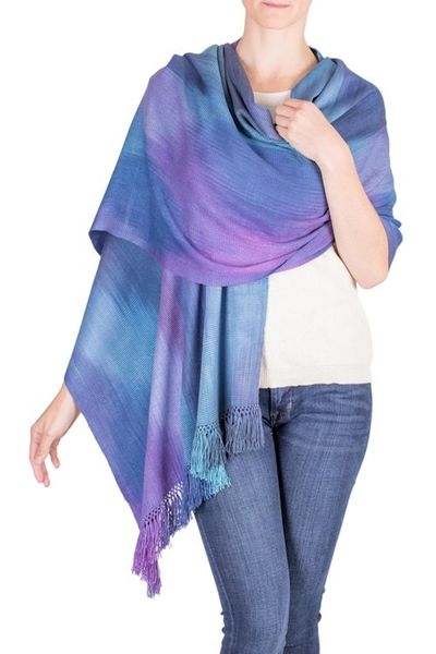 Alternate image for Guatemalan Hand Woven Shawl in Blues and Orchids Blue Orchids
